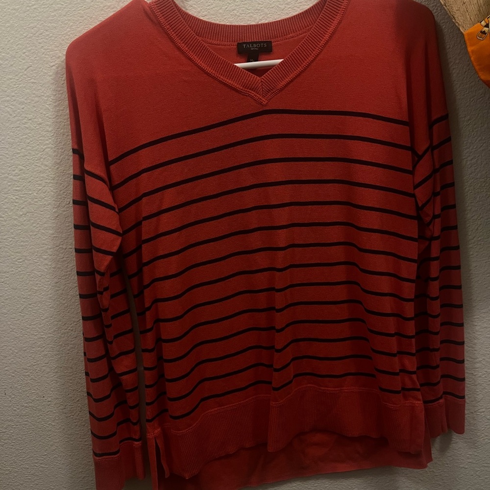 Talbots V-Neck Sweater Red and Black Striped